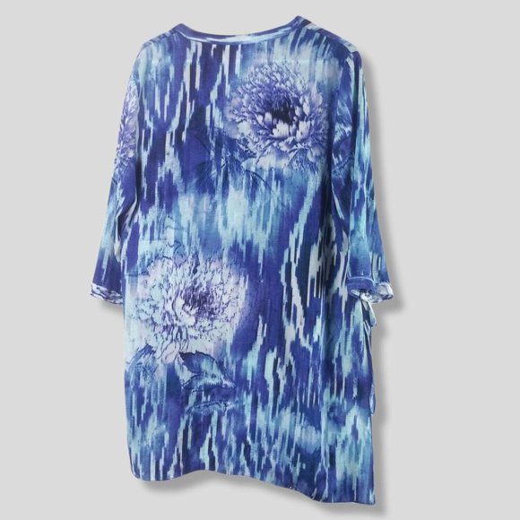 Chicos Floral Watercolor Asymmetrical Sheer Blouse High Low Size 2 Large Blue - Picture 2 of 7